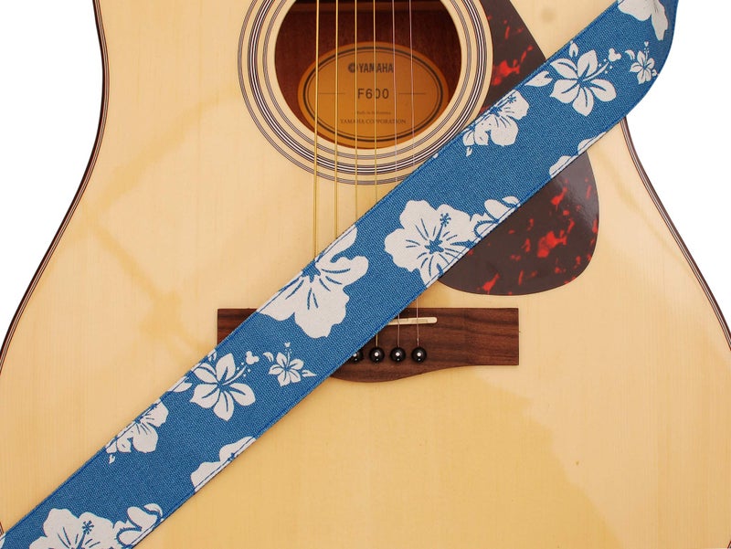 MUSIC FIRST Original Design, 2 inch width (5cm), Hawaiian Style â€œBlue and White Plumeriaâ€ Soft Canvas & Genuine Leather Delux HawaiinGuitar Strap Electric Guitar Straps, Salute ELVIS - Image 4